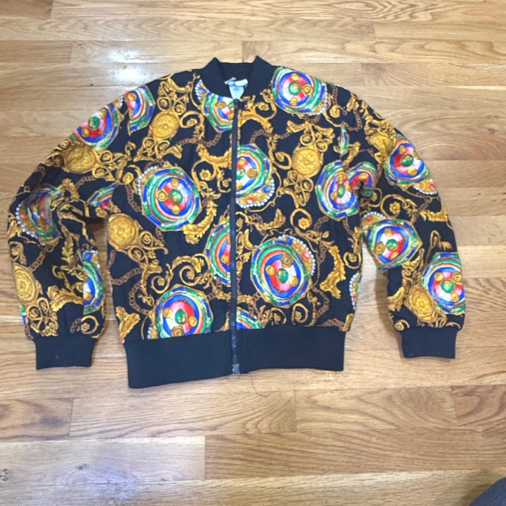First Option Vintage Baroque Medallion Bomber Jacket Black Gold Multi Small‎ USA